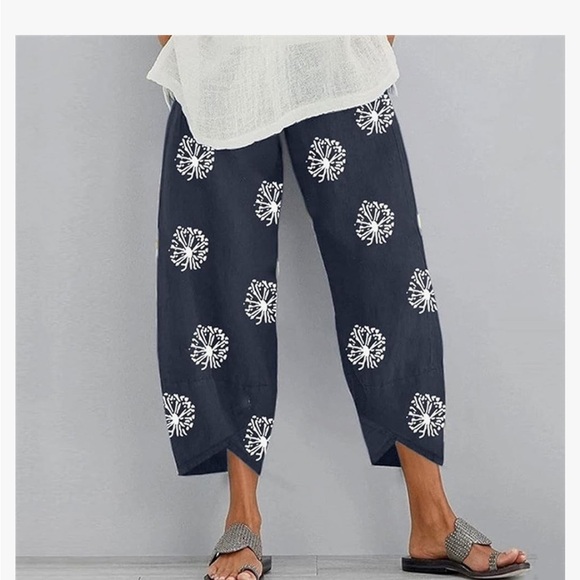 Cotton Casual Capri Pants Printed Cropped Comfy Baggy with Pockets Lounge Pants - Picture 4 of 5